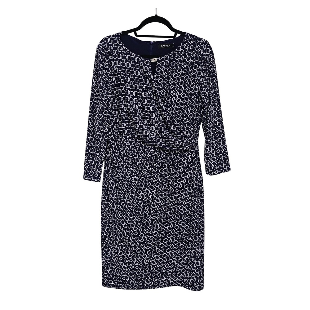 Lauren Ralph Lauren Dress Women 12 Purple Geometric Faux Wrap Sheath Career
